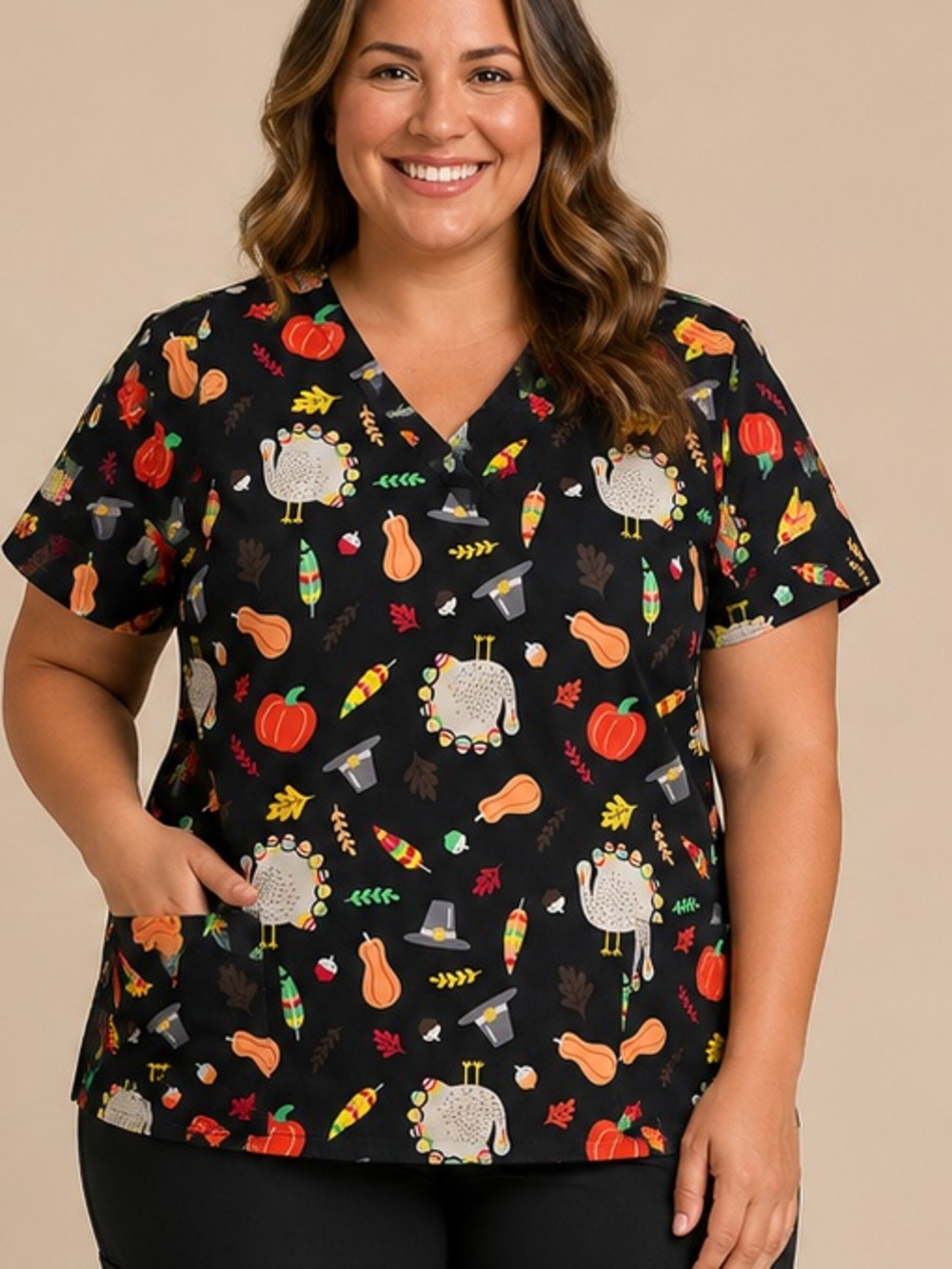 Women’s XL Butter-Soft Thanksgiving Print Scrub Top